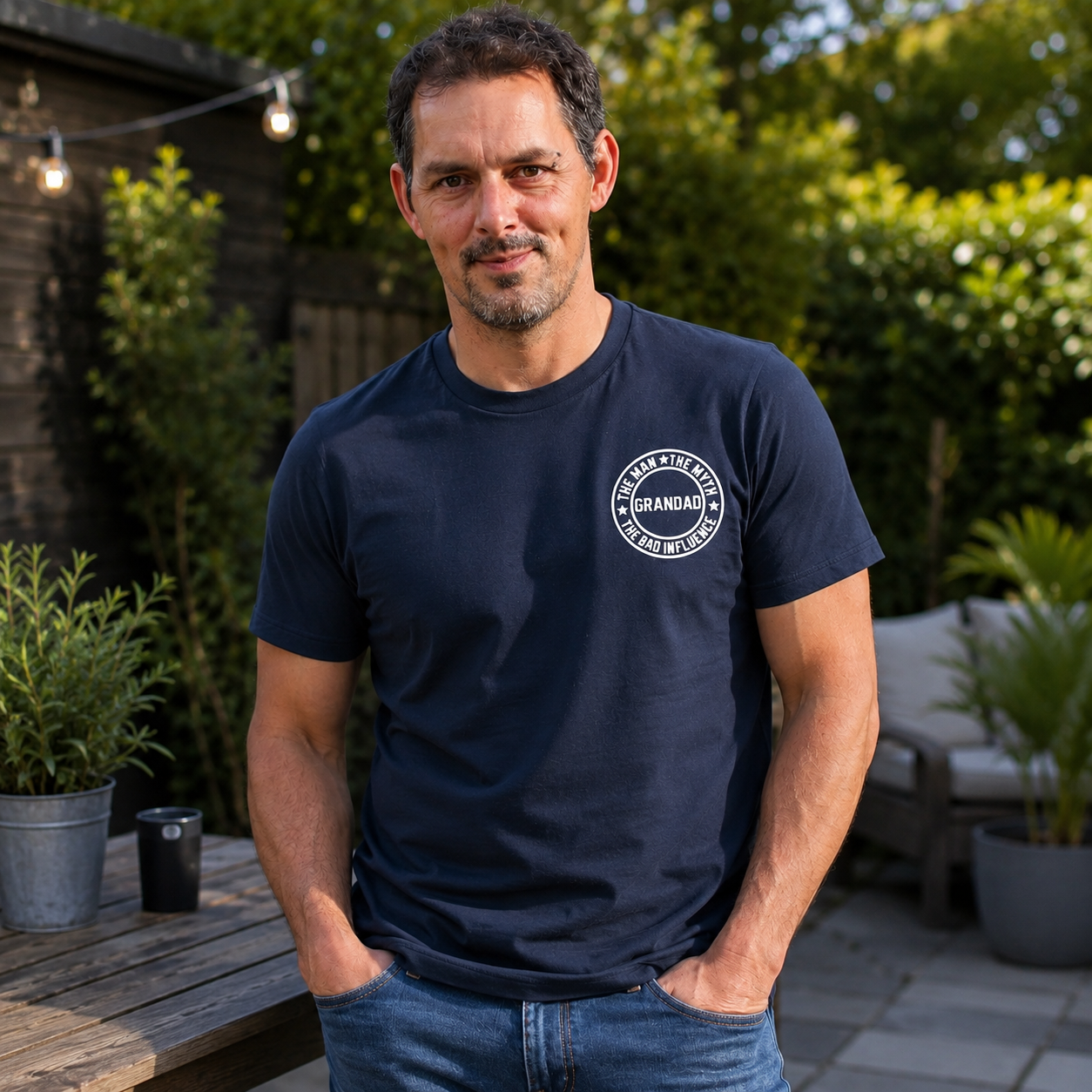 The Man, The Myth, The Bad Influence T Shirt Personalised Gift for Dad, Grandad & Him navy model man