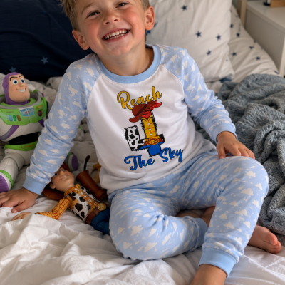 reach 4 the sky birthday pjs, toy story inspired pajamas cowboy, woody boy in bed