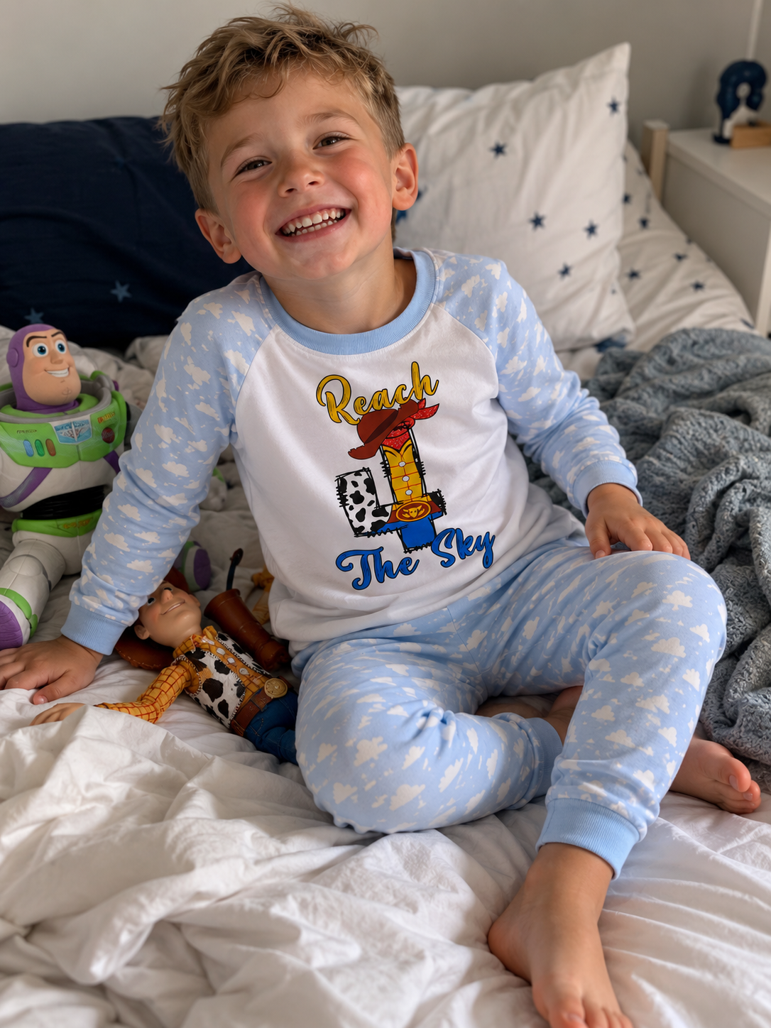 reach 4 the sky birthday pjs, toy story inspired pajamas cowboy, woody boy in bed