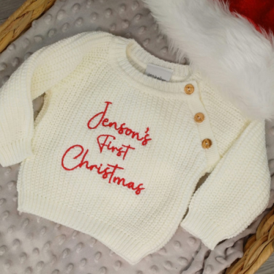 Personalised Baby's First Christmas Oversized Knitted Sweater christmas outfit laid
