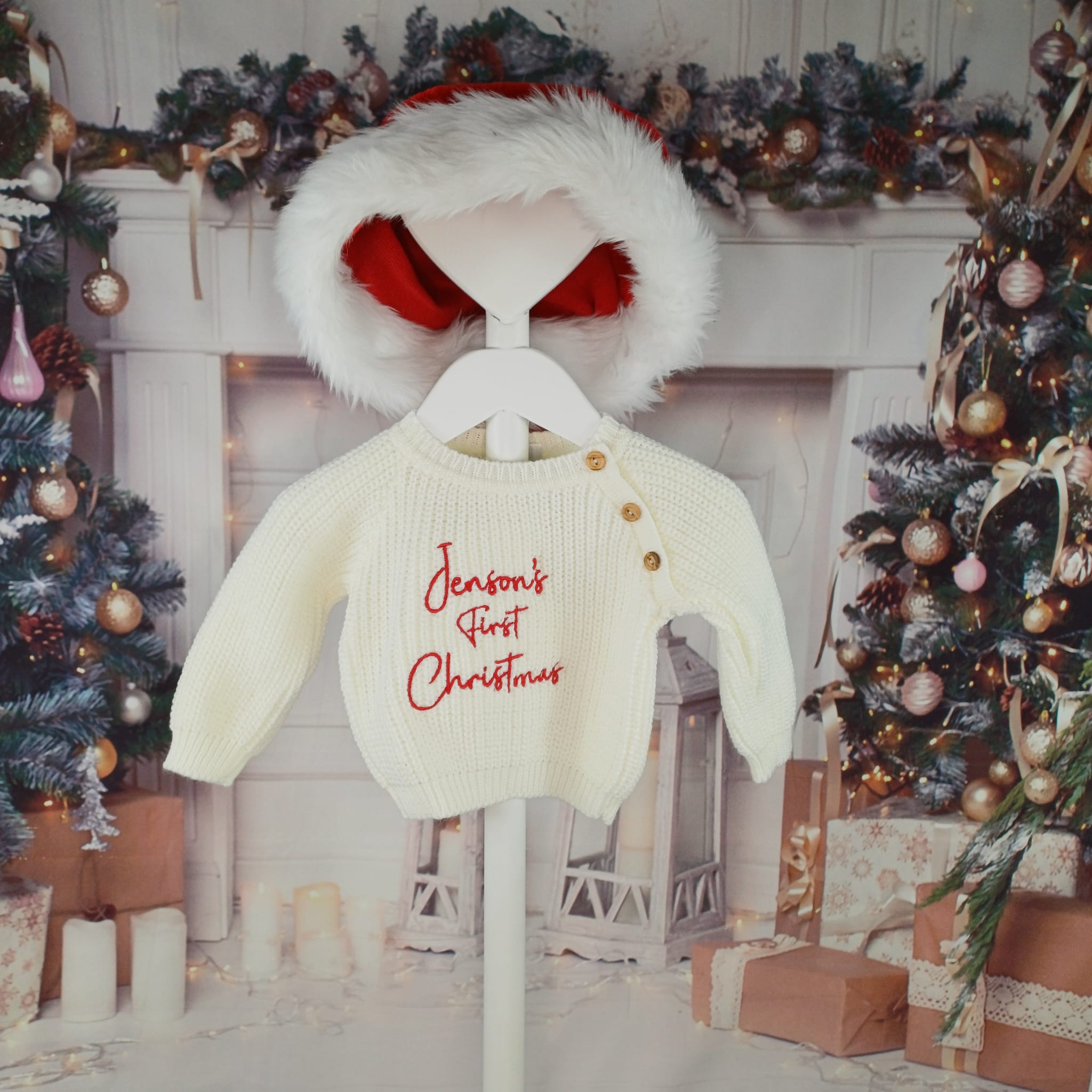 Personalised Baby's First Christmas Oversized Knitted Sweater christmas outfit stand