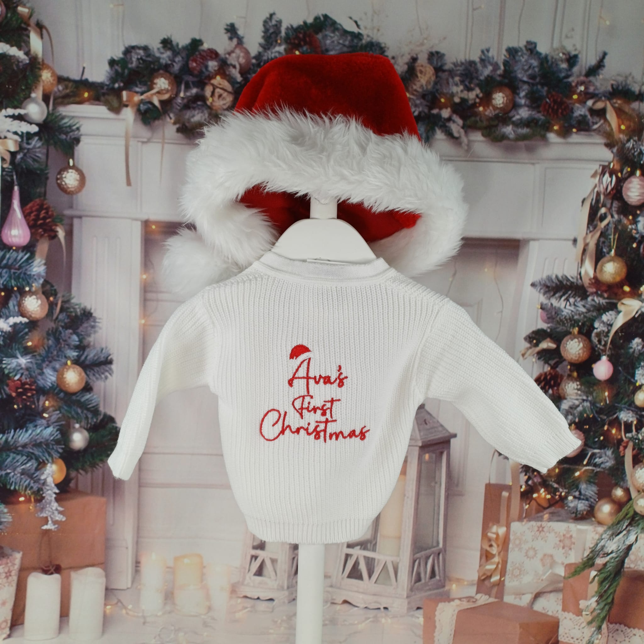 Personalised Embroidered Baby Christmas Cardigan great photoshoot christmas day outfit. on model